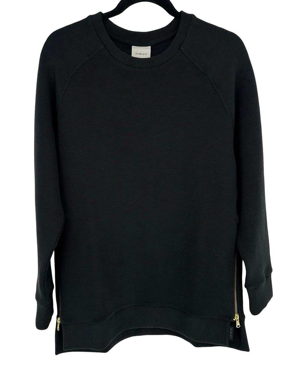 Varley Milton Sweatshirt Womens S Black NWOT Gold Zipper Ottoman Rib Crew Neck